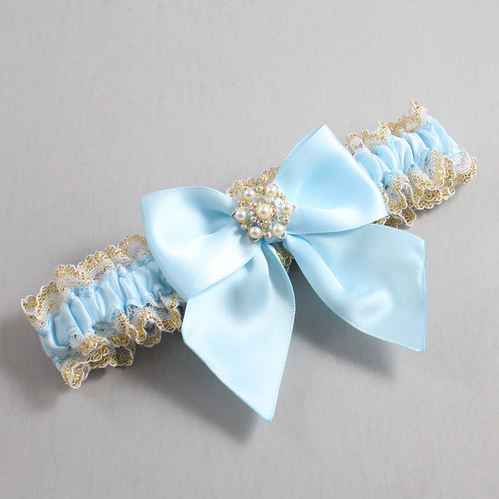 Alice Blue White-Gold Lace Wedding Garter / Blue and White Wedding Garters / Wedding Garter / Custom Wedding Garter / Bridal Garter / Prom Garter / Linda Joyce Couture / Personalized Garter / Personalized Wedding Garter / Personalized Prom Garter
