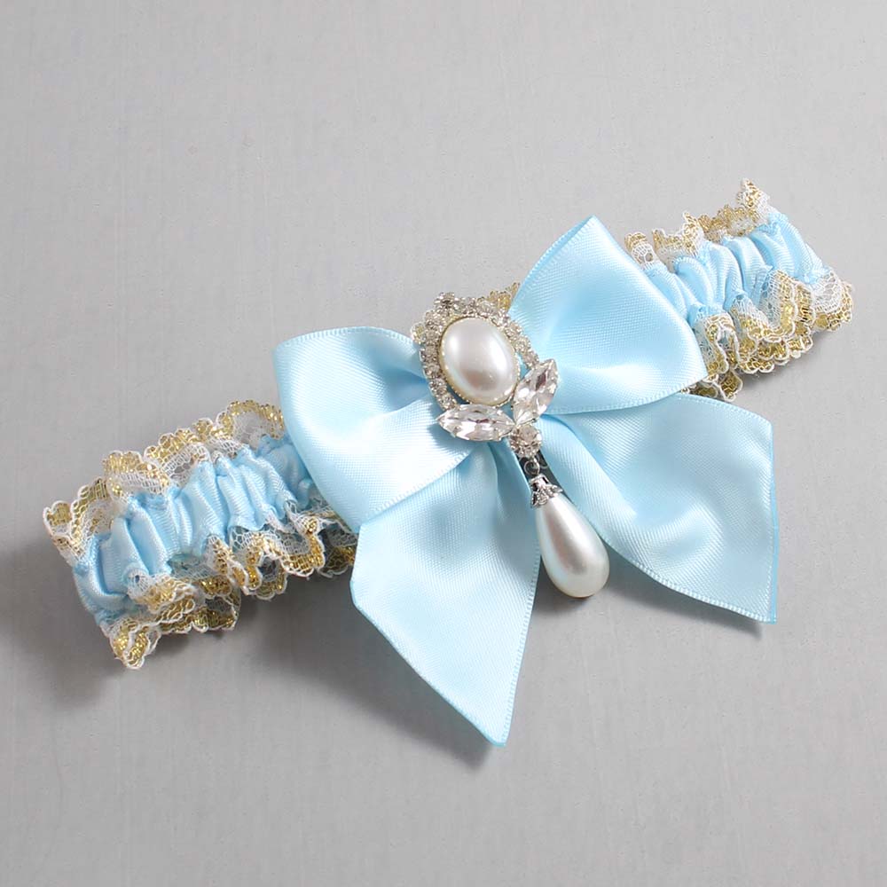 Alice Blue White-Gold Lace Wedding Garter / Blue and White Wedding Garters / Wedding Garter / Custom Wedding Garter / Bridal Garter / Prom Garter / Linda Joyce Couture / Personalized Garter / Personalized Wedding Garter / Personalized Prom Garter