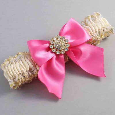 Ivory  Persian Pink and White-Gold Lace Wedding Garter / Ivory and Pink Wedding Garters / Wedding Garter / Custom Wedding Garter / Bridal Garter / Prom Garter / Linda Joyce Couture / Personalized Garter / Personalized Wedding Garter / Personalized Prom Garter