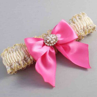 Ivory Persian Pink and White-Gold Lace Wedding Garter / Ivory and Pink Wedding Garters / Wedding Garter / Custom Wedding Garter / Bridal Garter / Prom Garter / Linda Joyce Couture / Personalized Garter / Personalized Wedding Garter / Personalized Prom Garter