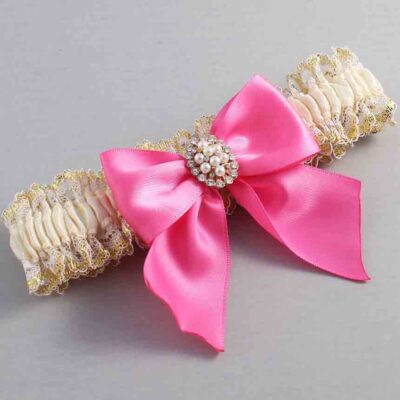 Ivory Persian Pink and White-Gold Lace Wedding Garter / Ivory and Pink Wedding Garters / Wedding Garter / Custom Wedding Garter / Bridal Garter / Prom Garter / Linda Joyce Couture / Personalized Garter / Personalized Wedding Garter / Personalized Prom Garter