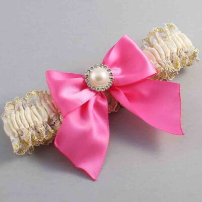 Ivory  Persian Pink and White-Gold Lace Wedding Garter / Ivory and Pink Wedding Garters / Wedding Garter / Custom Wedding Garter / Bridal Garter / Prom Garter / Linda Joyce Couture / Personalized Garter / Personalized Wedding Garter / Personalized Prom Garter