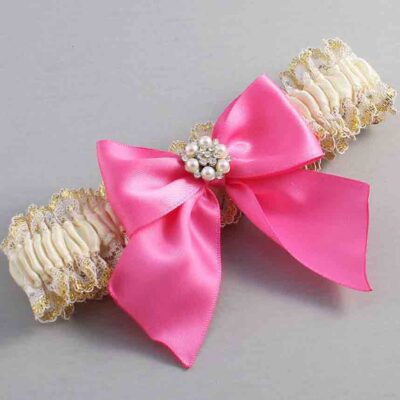 Ivory Persian Pink and White-Gold Lace Wedding Garter / Ivory and Pink Wedding Garters / Wedding Garter / Custom Wedding Garter / Bridal Garter / Prom Garter / Linda Joyce Couture / Personalized Garter / Personalized Wedding Garter / Personalized Prom Garter