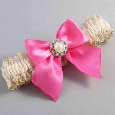 Ivory  Persian Pink and White-Gold Lace Wedding Garter / Ivory and Pink Wedding Garters / Wedding Garter / Custom Wedding Garter / Bridal Garter / Prom Garter / Linda Joyce Couture / Personalized Garter / Personalized Wedding Garter / Personalized Prom Garter