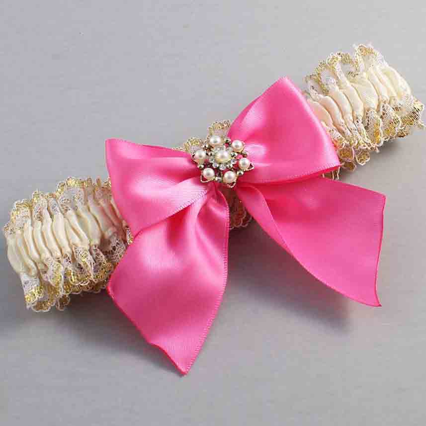 Ivory Persian Pink and White-Gold Lace Wedding Garter / Ivory and Pink Wedding Garters / Wedding Garter / Custom Wedding Garter / Bridal Garter / Prom Garter / Linda Joyce Couture / Personalized Garter / Personalized Wedding Garter / Personalized Prom Garter