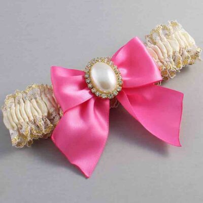 Ivory Persian Pink and White-Gold Lace Wedding Garter / Ivory and Pink Wedding Garters / Wedding Garter / Custom Wedding Garter / Bridal Garter / Prom Garter / Linda Joyce Couture / Personalized Garter / Personalized Wedding Garter / Personalized Prom Garter