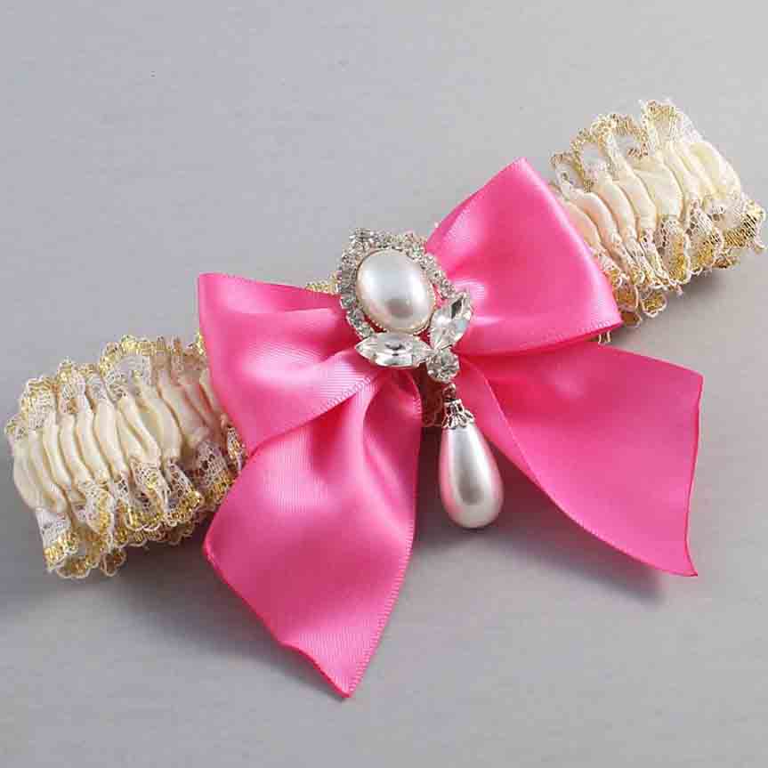 Ivory Persian Pink and White-Gold Lace Wedding Garter / Ivory and Pink Wedding Garters / Wedding Garter / Custom Wedding Garter / Bridal Garter / Prom Garter / Linda Joyce Couture / Personalized Garter / Personalized Wedding Garter / Personalized Prom Garter