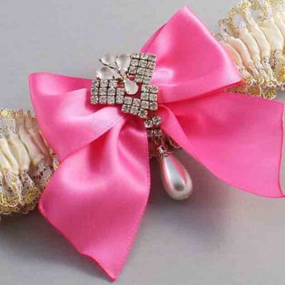 Ivory  Persian Pink and White-Gold Lace Wedding Garter / Ivory and Pink Wedding Garters / Wedding Garter / Custom Wedding Garter / Bridal Garter / Prom Garter / Linda Joyce Couture / Personalized Garter / Personalized Wedding Garter / Personalized Prom Garter