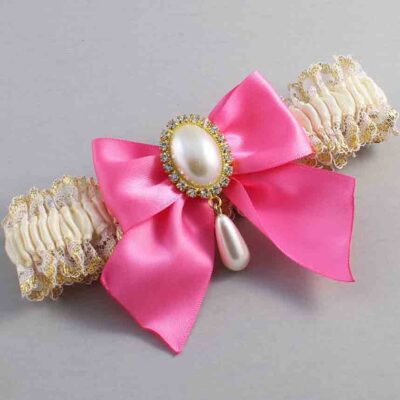 Ivory Persian Pink and White-Gold Lace Wedding Garter / Ivory and Pink Wedding Garters / Wedding Garter / Custom Wedding Garter / Bridal Garter / Prom Garter / Linda Joyce Couture / Personalized Garter / Personalized Wedding Garter / Personalized Prom Garter