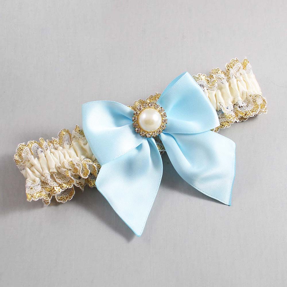 Ivory Alice Blue and White-Gold Lace Wedding Garter / Ivory and Blue Wedding Garters / Wedding Garter / Custom Wedding Garter / Bridal Garter / Prom Garter / Linda Joyce Couture / Personalized Garter / Personalized Wedding Garter / Personalized Prom Garter