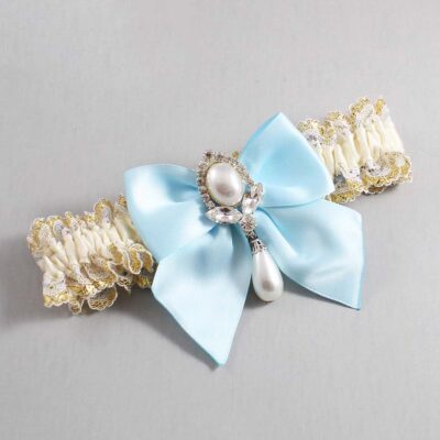 Ivory Alice Blue and White-Gold Lace Wedding Garter / Ivory and Blue Wedding Garters / Wedding Garter / Custom Wedding Garter / Bridal Garter / Prom Garter / Linda Joyce Couture / Personalized Garter / Personalized Wedding Garter / Personalized Prom Garter