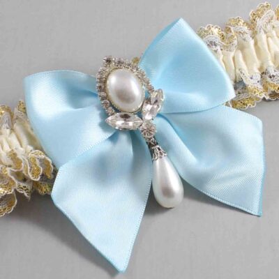 Ivory  Alice Blue and White-Gold Lace Wedding Garter / Ivory and Blue Wedding Garters / Wedding Garter / Custom Wedding Garter / Bridal Garter / Prom Garter / Linda Joyce Couture / Personalized Garter / Personalized Wedding Garter / Personalized Prom Garter