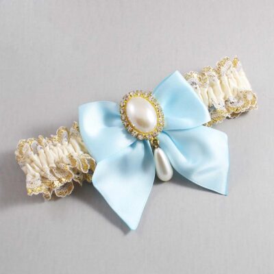 Ivory  Alice Blue and White-Gold Lace Wedding Garter / Ivory and Blue Wedding Garters / Wedding Garter / Custom Wedding Garter / Bridal Garter / Prom Garter / Linda Joyce Couture / Personalized Garter / Personalized Wedding Garter / Personalized Prom Garter