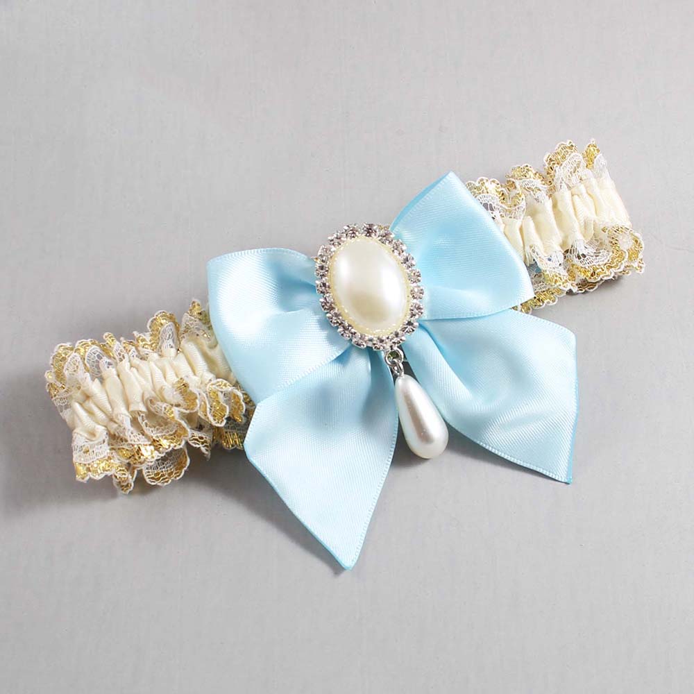 Ivory Alice Blue and White-Gold Lace Wedding Garter / Ivory and Blue Wedding Garters / Wedding Garter / Custom Wedding Garter / Bridal Garter / Prom Garter / Linda Joyce Couture / Personalized Garter / Personalized Wedding Garter / Personalized Prom Garter