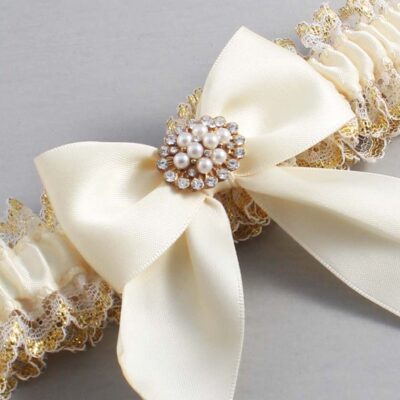 Ivory and White-Gold Lace Wedding Garter / Ivory and Gold Wedding Garters / Wedding Garter / Custom Wedding Garter / Bridal Garter / Prom Garter / Linda Joyce Couture / Personalized Garter / Personalized Wedding Garter / Personalized Prom Garter