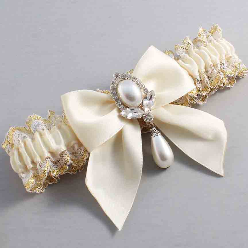 Ivory and White-Gold Lace Wedding Garter / Ivory and Gold Wedding Garters / Wedding Garter / Custom Wedding Garter / Bridal Garter / Prom Garter / Linda Joyce Couture / Personalized Garter / Personalized Wedding Garter / Personalized Prom Garter