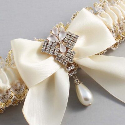 Ivory and White-Gold Lace Wedding Garter / Ivory and Gold Wedding Garters / Wedding Garter / Custom Wedding Garter / Bridal Garter / Prom Garter / Linda Joyce Couture / Personalized Garter / Personalized Wedding Garter / Personalized Prom Garter