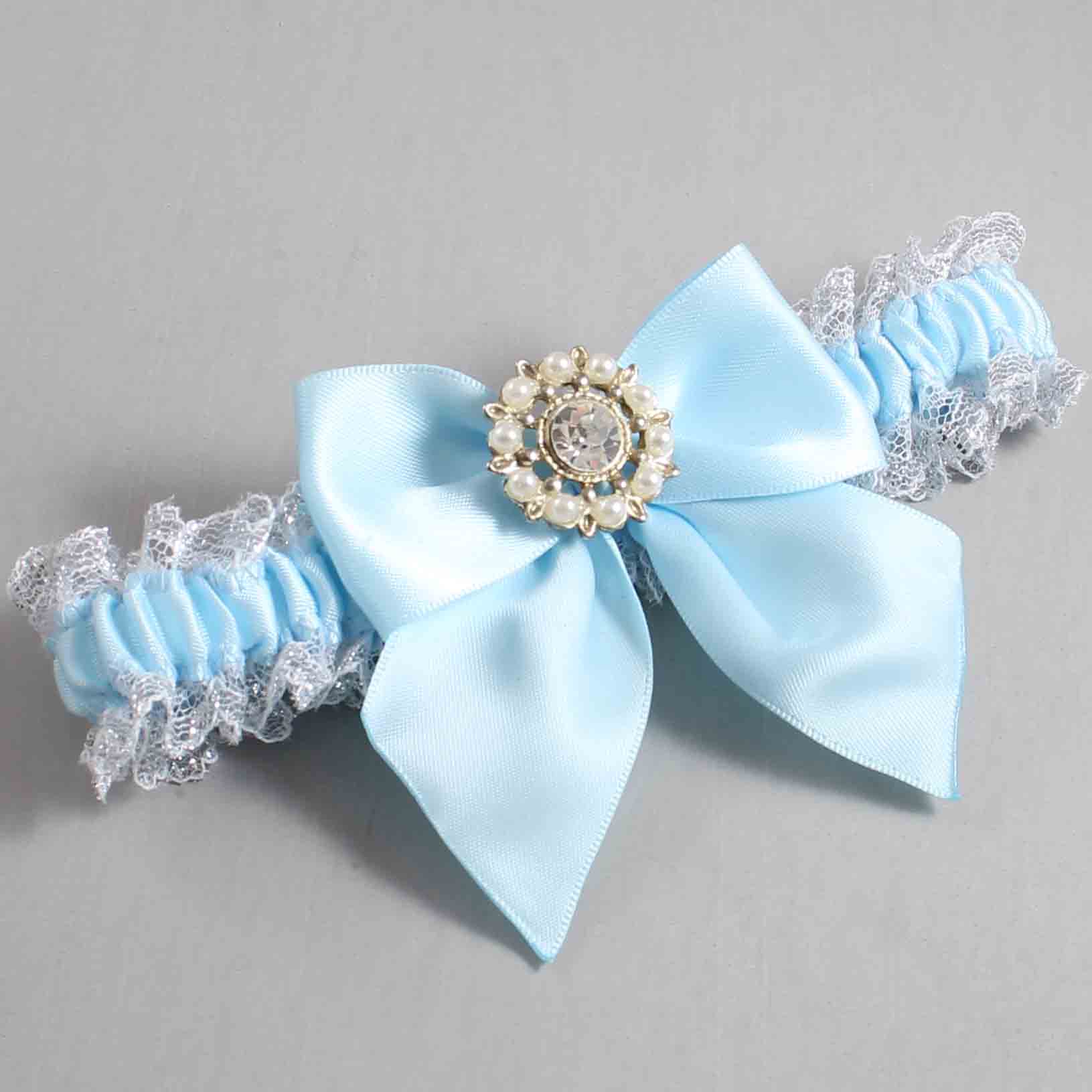 Alice Blue and White-Silver Lace Wedding Garter / Solid Blue Wedding Garters / Wedding Garter / Custom Wedding Garter / Bridal Garter / Prom Garter / Linda Joyce Couture / Personalized Garter / Personalized Wedding Garter / Personalized Prom Garter