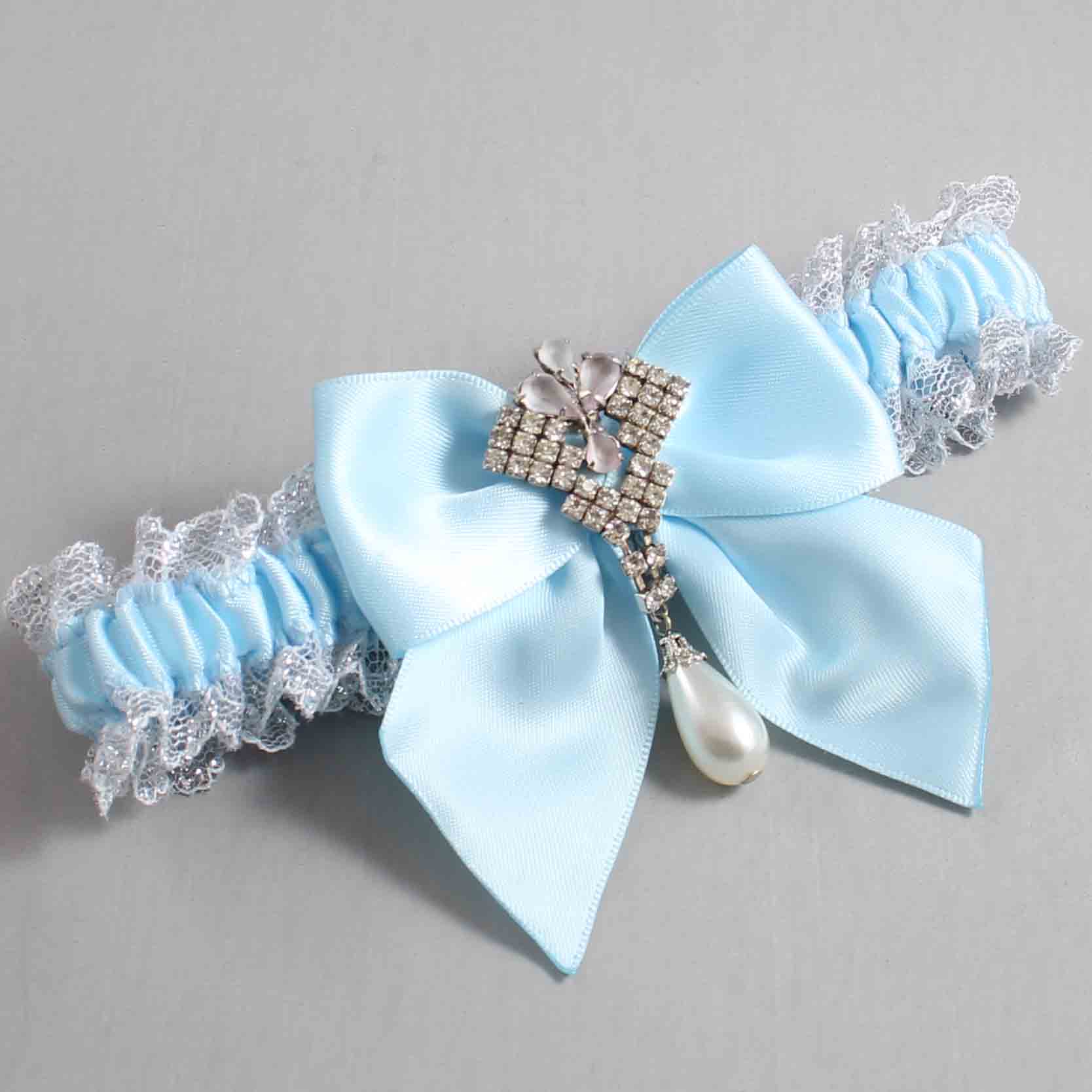 Alice Blue and White-Silver Lace Wedding Garter / Solid Blue Wedding Garters / Wedding Garter / Custom Wedding Garter / Bridal Garter / Prom Garter / Linda Joyce Couture / Personalized Garter / Personalized Wedding Garter / Personalized Prom Garter
